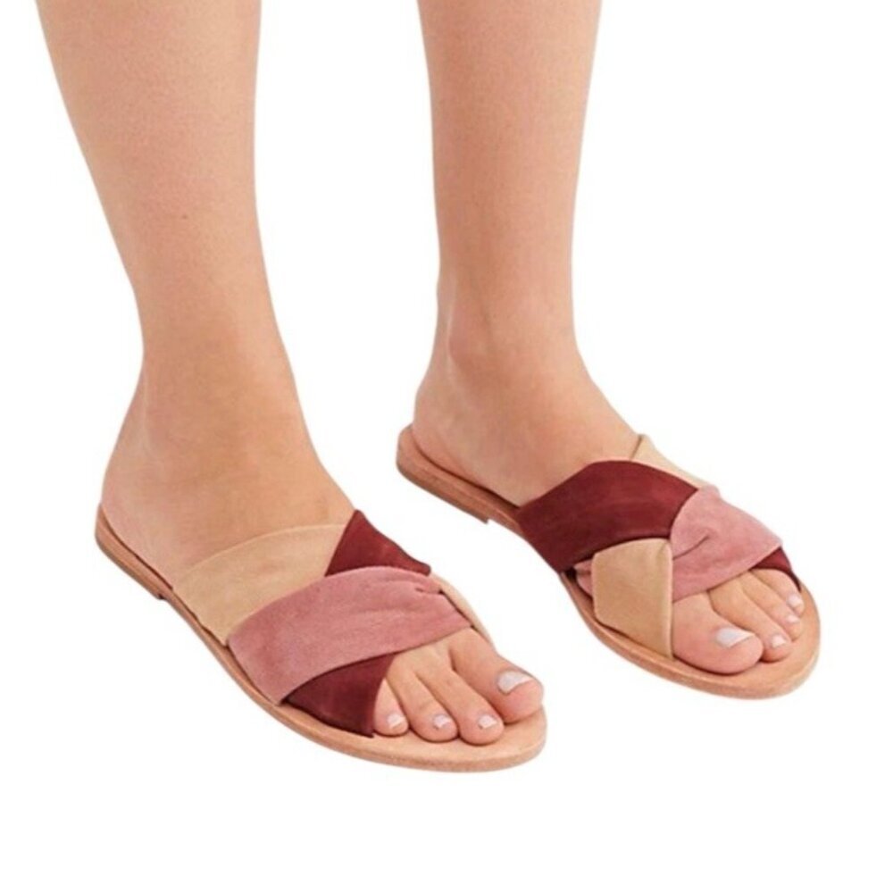 Free People Rio Vista Pink Leather Slip On Slide Boho Sandal Size EU 37 Us 7